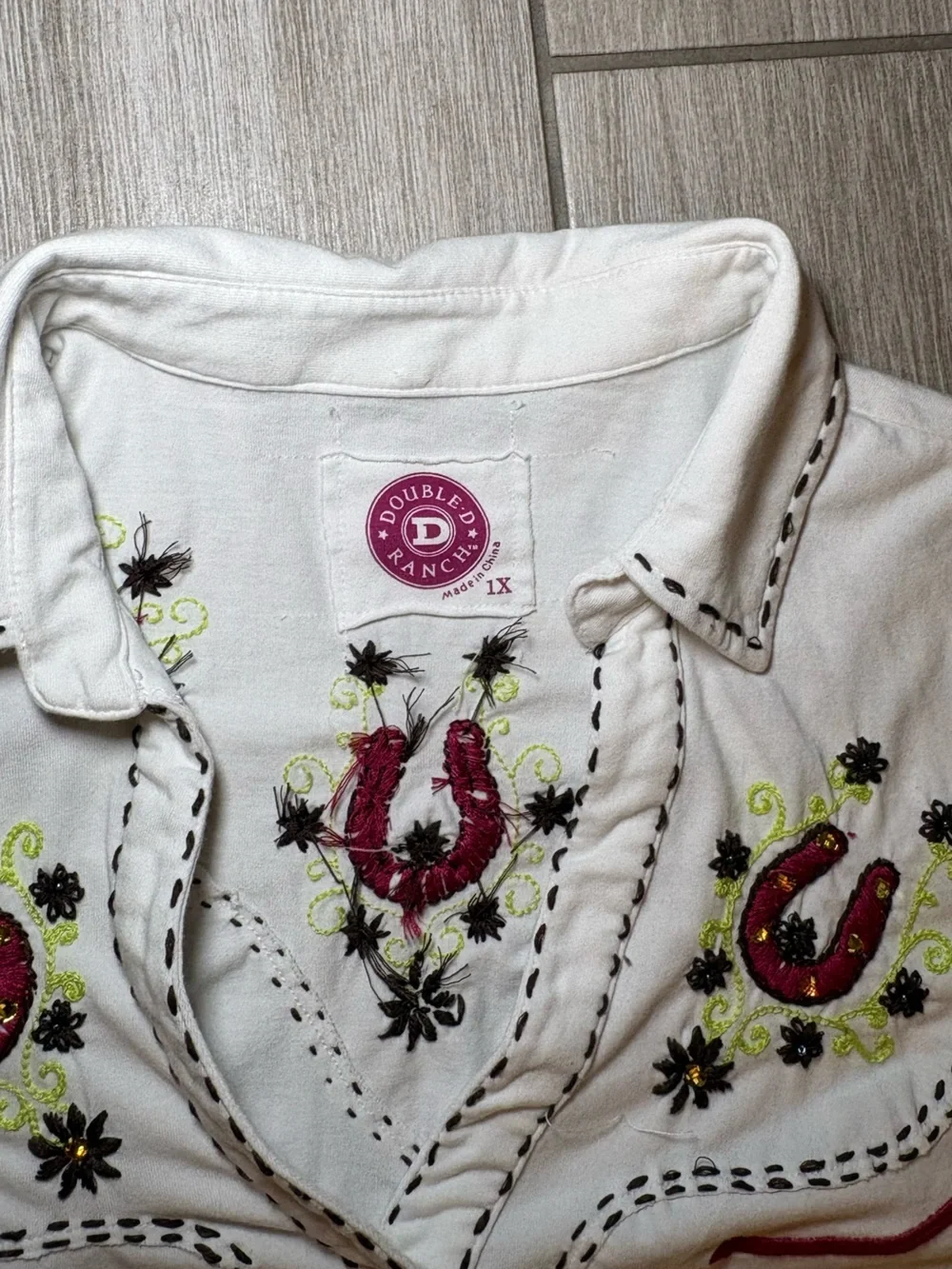 Double D Ranch White Embroidered Western Shirt with Red Accents